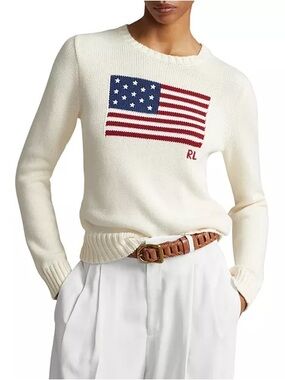 Ralph Lauren Cream Crewneck Sweater with Flag Motif